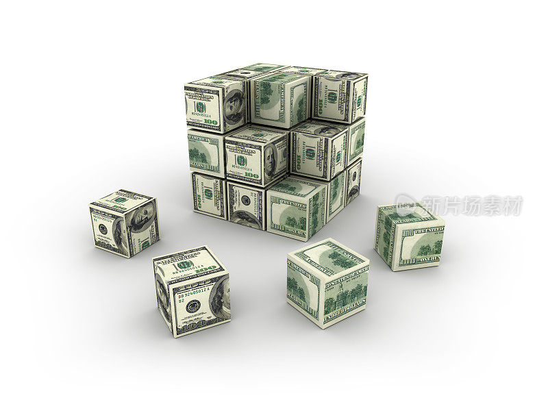 立方体的一百美元钞票- 3D渲染